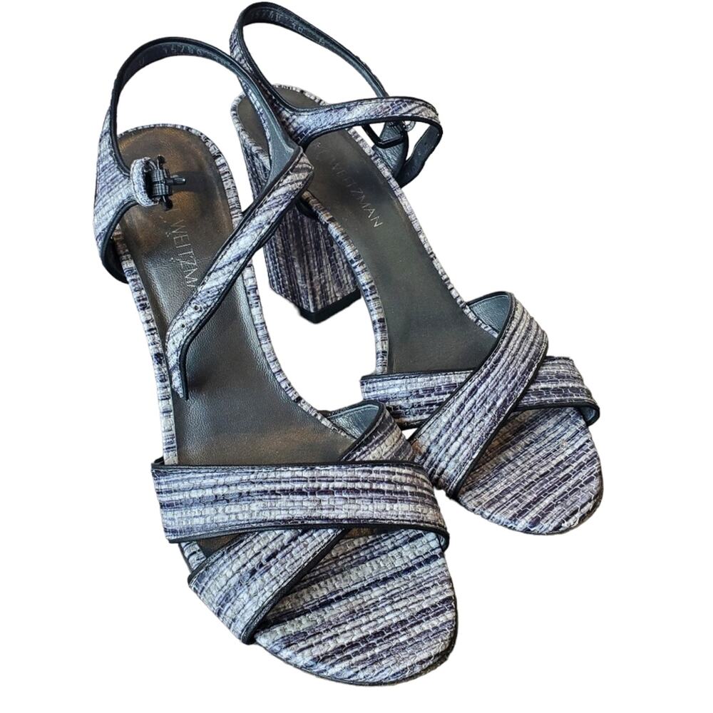Stuart Weitzman Sunlover Black White Weave Strappy Napa Sandals Size 10M